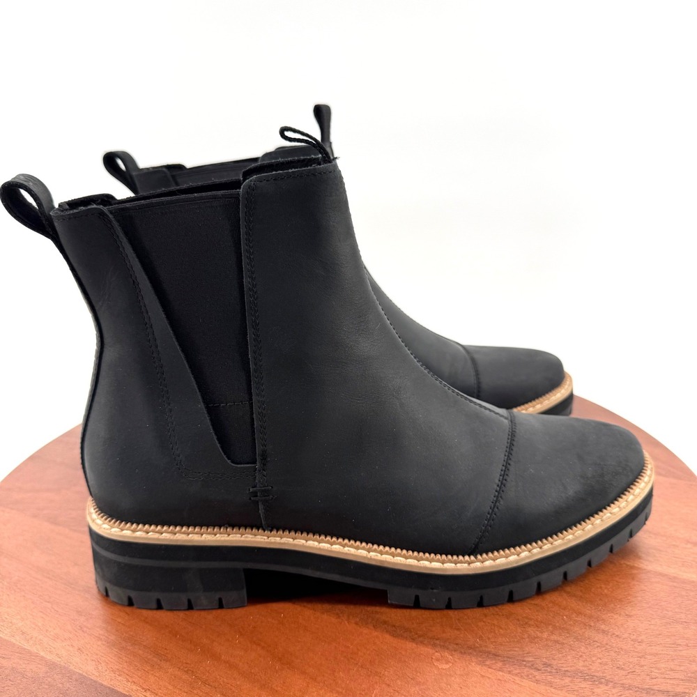 TOMS Cleo Black Leather Cap Toe Lug Sole Chelsea Boots 10016845 Women 11